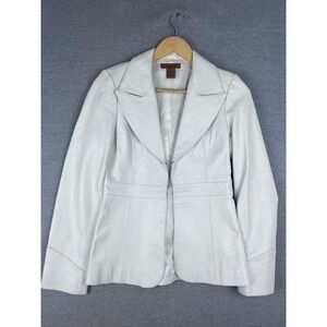 Arden B White Leather Jacket Womens Small Tailored Peplum Hook Eye Closure